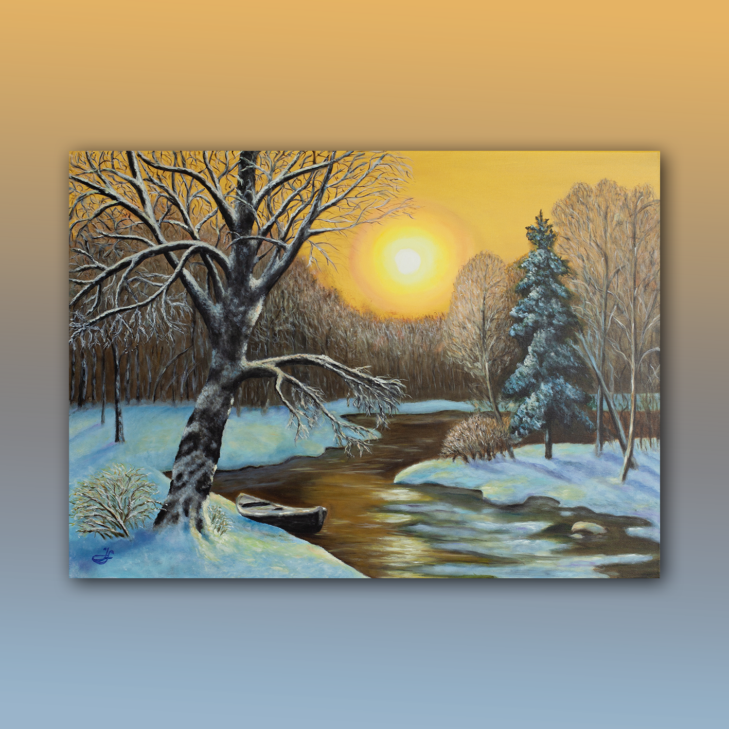 Zimní slunce nad řekou_olejomalba na plátně_90x65 cm